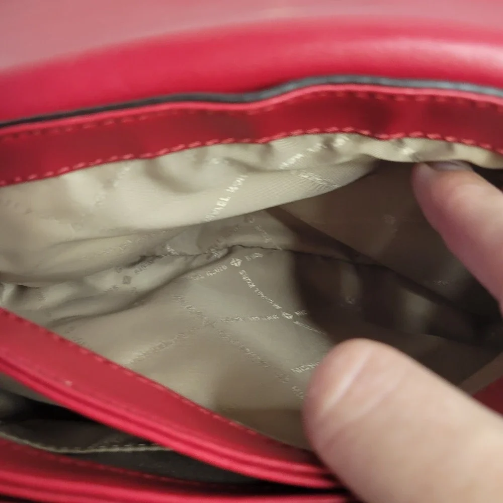 Michael Kors Red‎ Pebbled Leather Studded Flap Crossbody Bag Gold Hardware